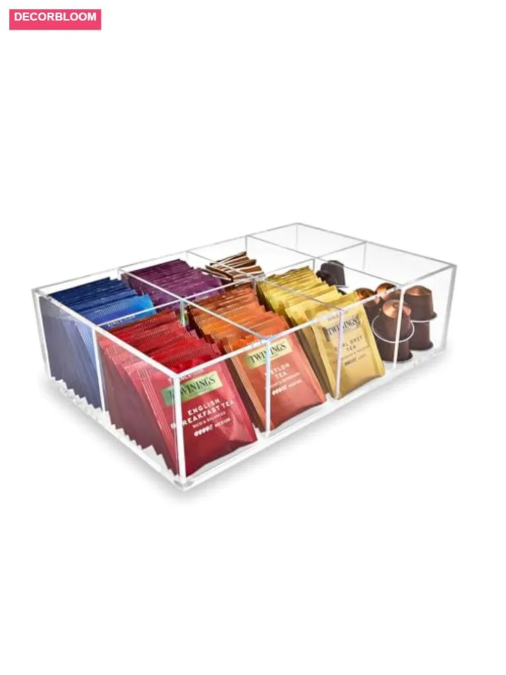 Heavy-Duty Acrylic Tea Bag Organizer, 8-Compartment Storage Box, Crystal Clear,